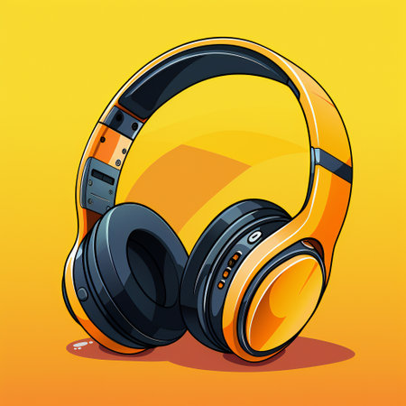 Vector illustration of modern headphones on yellow background. Headphones icon.の素材
