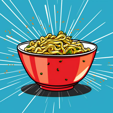 Illustration of a bowl of noodles on a blue background with raysの素材