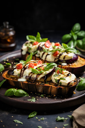 Bruschetta with eggplant, mozzarella cheese and basilの素材