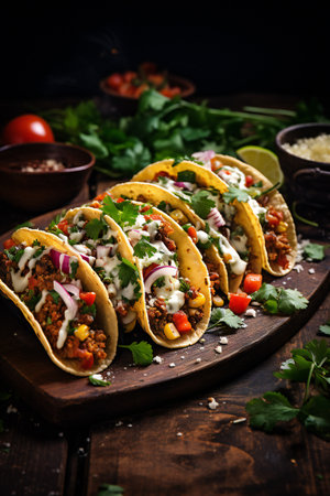 Mexican tacos with meat, vegetables and cheese on dark wooden backgroundの素材