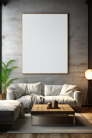 Interior of modern living room with gray walls, wooden floor, comfortable gray sofa standing near round coffee table and vertical mock up poster frame. 3d renderingの素材