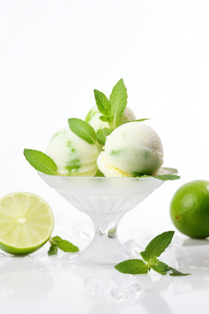 Lime ice cream with fresh mint and ice cubes on white backgroundの素材