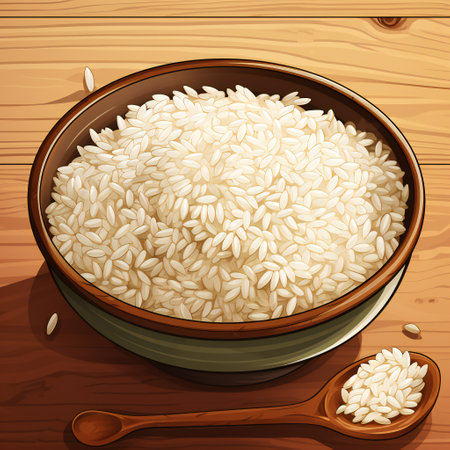 Rice in bowl and spoon on wooden background. Vector illustration.の素材