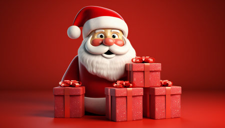 Santa Claus with gift boxes on red background. 3D illustration.の素材