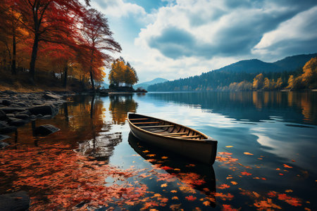 Beautiful autumn landscape with a boat on the shore of lake.の素材