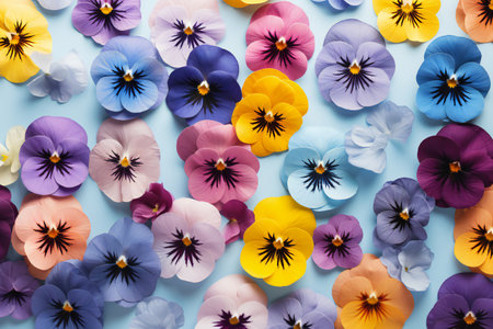 Colorful pansy flowers on blue background. Flat lay, top viewの素材
