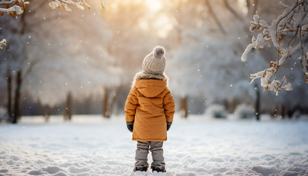 Little boy in a warm jacket and hat walks in the winter forest.の素材