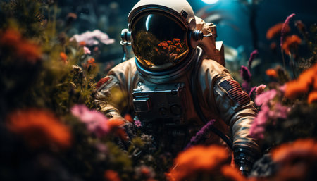 Astronaut in an artificial flower garden. 3d rendering.の素材