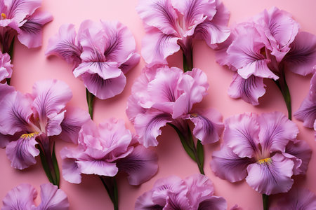 Beautiful iris flowers on pink background, top view. Floral patternの素材