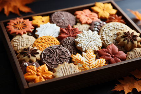 Variety of delicious Christmas cookies in wooden box on dark background.の素材