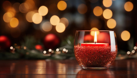 Burning candle in glass on table against blurred festive lights, closeupの素材