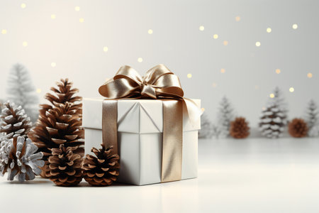 Christmas composition. Gifts, pine cones on white background. Christmas, winter, new year concept.の素材