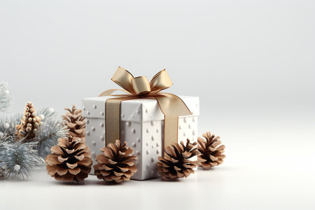 Christmas decoration with pine cones and gift box on a white background.の素材