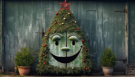 Merry Christmas and Happy New Year. Green Christmas tree with funny face.の素材