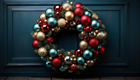 Christmas wreath with colorful baubles in front of a blue doorの素材