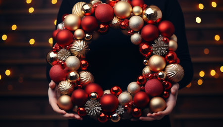 Christmas wreath in the hands of a girl on a wooden backgroundの素材