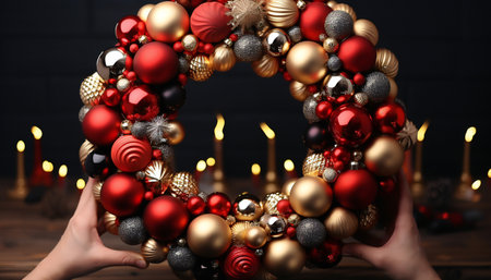 Female hands holding christmas wreath on dark background, closeupの素材