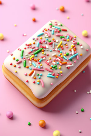 Cake with icing and colorful sprinkles on pink background, closeupの素材