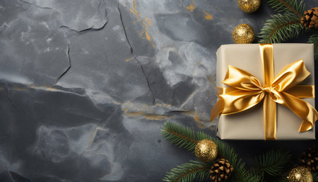 Gift box with golden bow and fir tree branchesle backgroundの素材