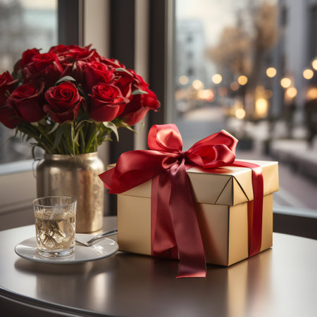 Beautiful bouquet of red roses and gift box on the tableの素材