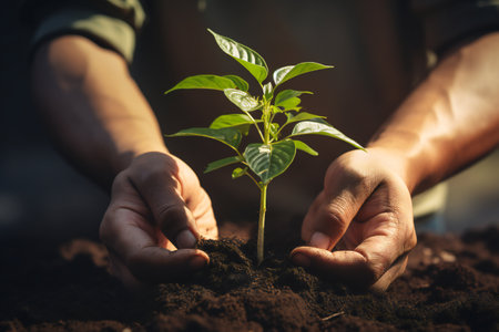 Hands of young man planting a tree in the soil with nature backgroundの素材
