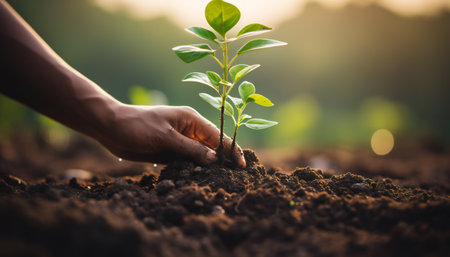 Hand of man planting a tree on fertile soil with sunlight background.の素材