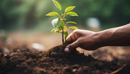 Human hand planting a tree in the ground with nature background, ecology conceptの素材