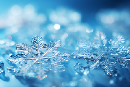 Macro shot of snowflakes on blue background with bokeh effectの素材