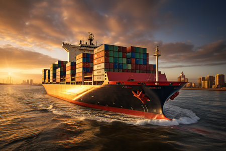 Container Cargo freight ship with working crane bridge at sunset for Logistic Import Export backgroundの素材