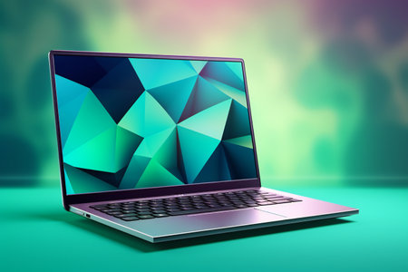 Laptop with abstract colorful geometric background. 3D Rendering.の素材