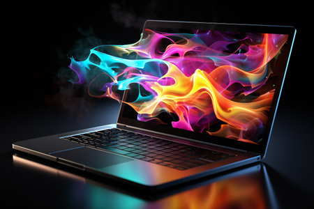 Laptop with colorful fire on black background. 3d rendering.の素材