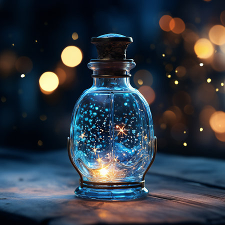 Candle in a bottle on a wooden table. Christmas background.の素材