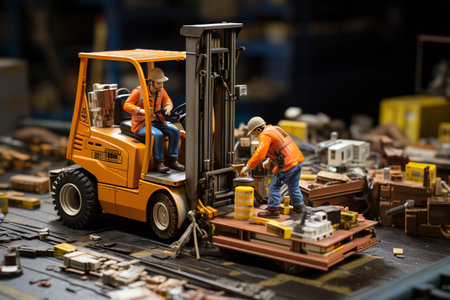 Fragment of a large scale model of a forklift in a warehouse.の素材