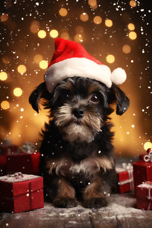 Cute yorkshire terrier with santa hat on bokeh backgroundの素材
