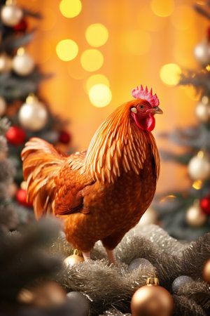 Rooster in front of Christmas tree with bokeh lights backgroundの素材