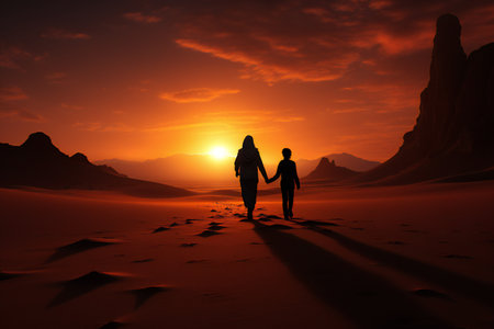 Silhouette of mother and son walking in the desert at sunsetの素材