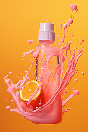 Bottle with orange juice splash on orange background. 3d renderingの素材