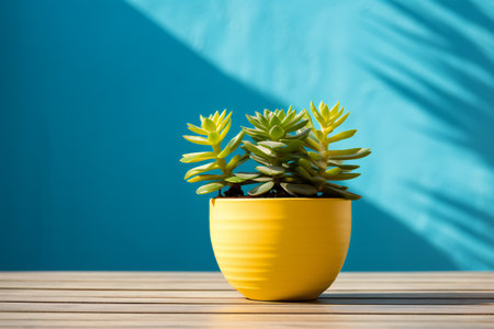 Succulent plant in yellow pot on wooden table with blue backgroundの素材