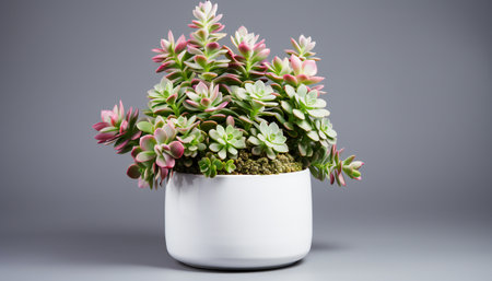 Succulent plant in a white pot on a gray background.の素材