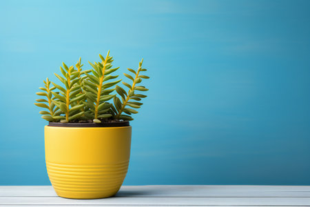 Plant in a yellow pot on a blue background with copy spaceの素材