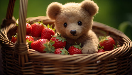 Teddy bear in a basket of strawberries on a green background.の素材