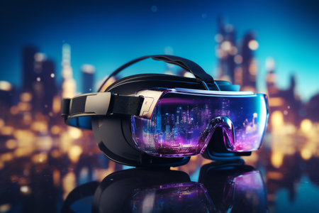 Virtual reality glasses with cityscape on background. 3D Renderingの素材