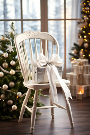 White chair with a bow and a gift box on the background of the Christmas treeの素材