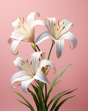 White lily flower bouquet isolated on pink background. Vector illustration.の素材