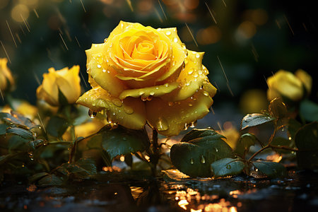 Beautiful yellow rose in the rain with water drops on the petalsの素材