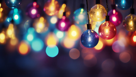 Colorful christmas light bulbs on bokeh background with copy spaceの素材