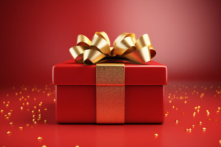 Red gift box with golden bow on red background. 3d renderingの素材