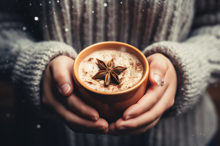 Woman holding a cup of hot cocoa with star anise in her handsの素材