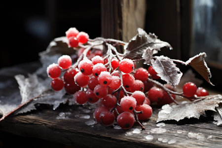 Winter still life with frozen red currant berries on wooden background.の素材