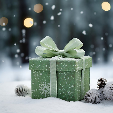 Gift box in the snow. Christmas or New Year background.の素材